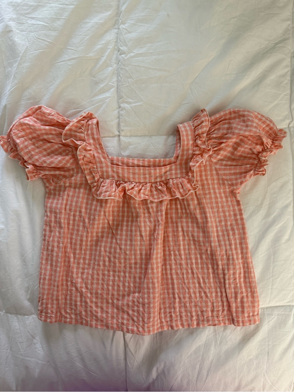 Girls Pink Gingham Ruffle Square-Neck Top